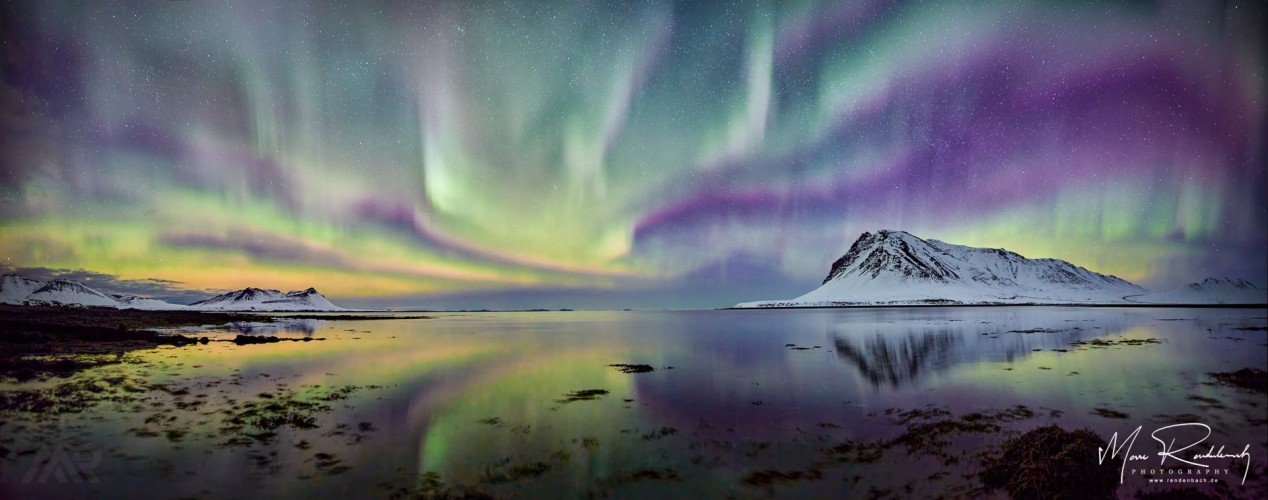 Northern Lights Aurora Borealis Panorama near Grundarfjordur Iceland
