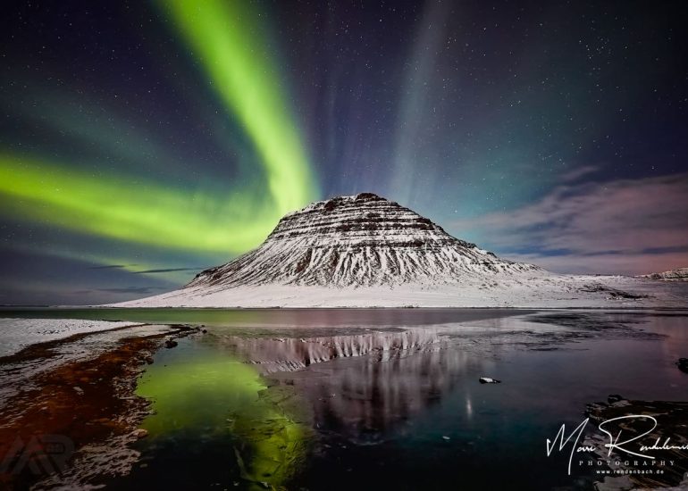 Northern Lights Aurora Borealis at Kirkjufell Mountain Iceland