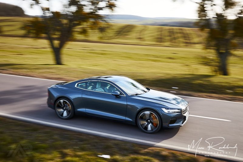 Polestar 1 metallic blue driving